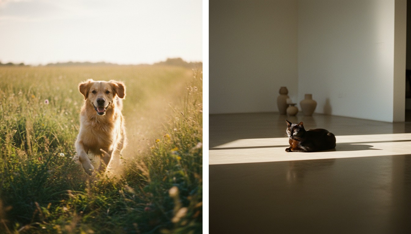A golden retriever running through a grassy field at sunset next to a black cat lounging in a patch of sunlight on an indoor floor.