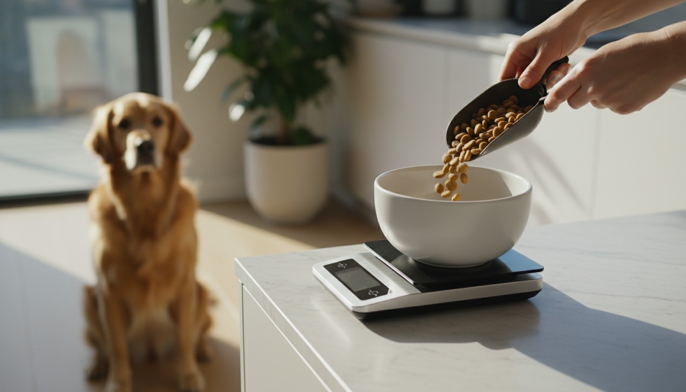 A person using a digital scale to measure dry dog food into a white bowl while a golden retriever waits patiently in the background of a sunlit kitchen.