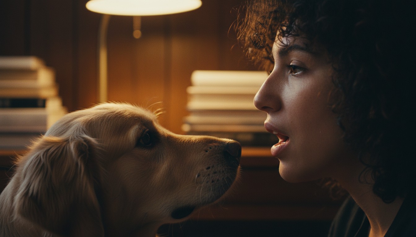 A woman with curly hair looking affectionately at a golden retriever in a warm, dimly lit room with books in the background.