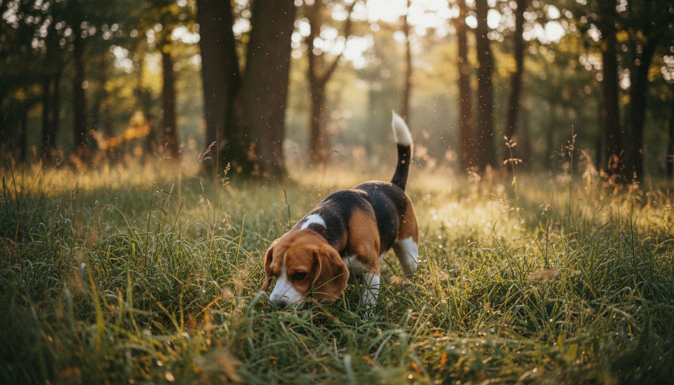 Tricolor Beagle dog sniffing the tall grass in a sunny meadow during golden hour.