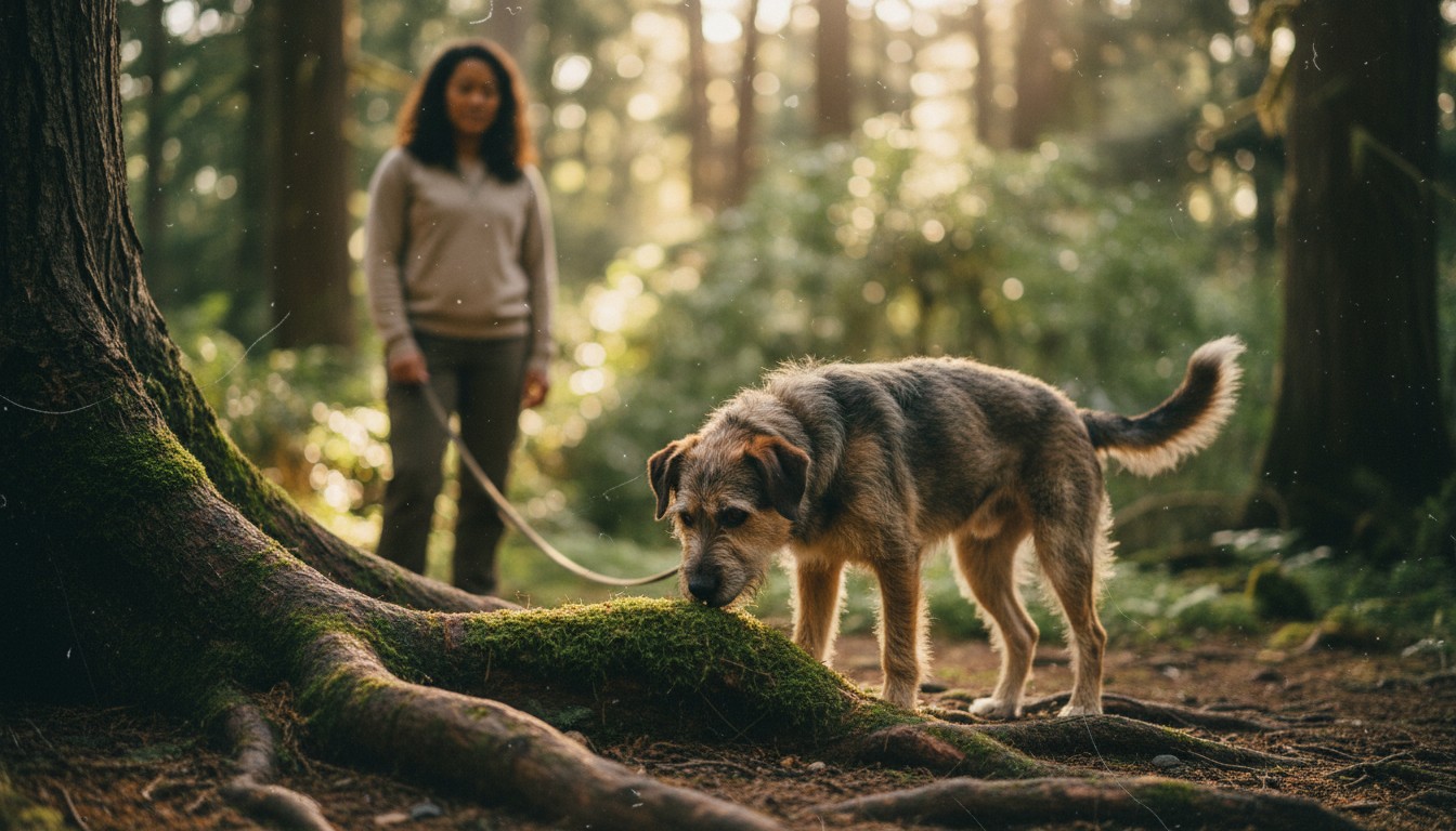 Scruffy terrier mix dog on a leash sniffing mossy tree roots in a sun-dappled forest with a woman standing in the background.