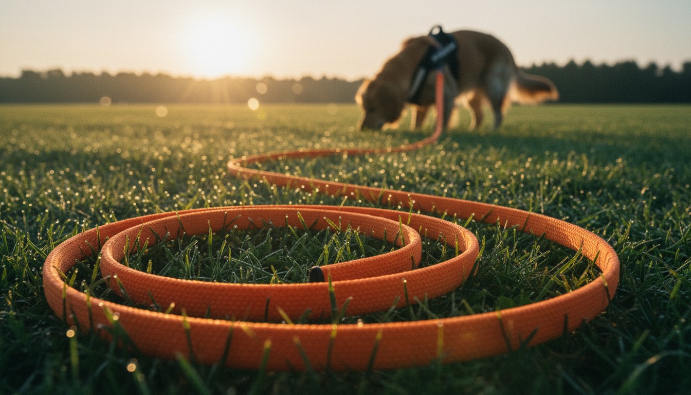 Long orange dog training leash coiled on dewy green grass with a blurred golden retriever in the background at sunrise.