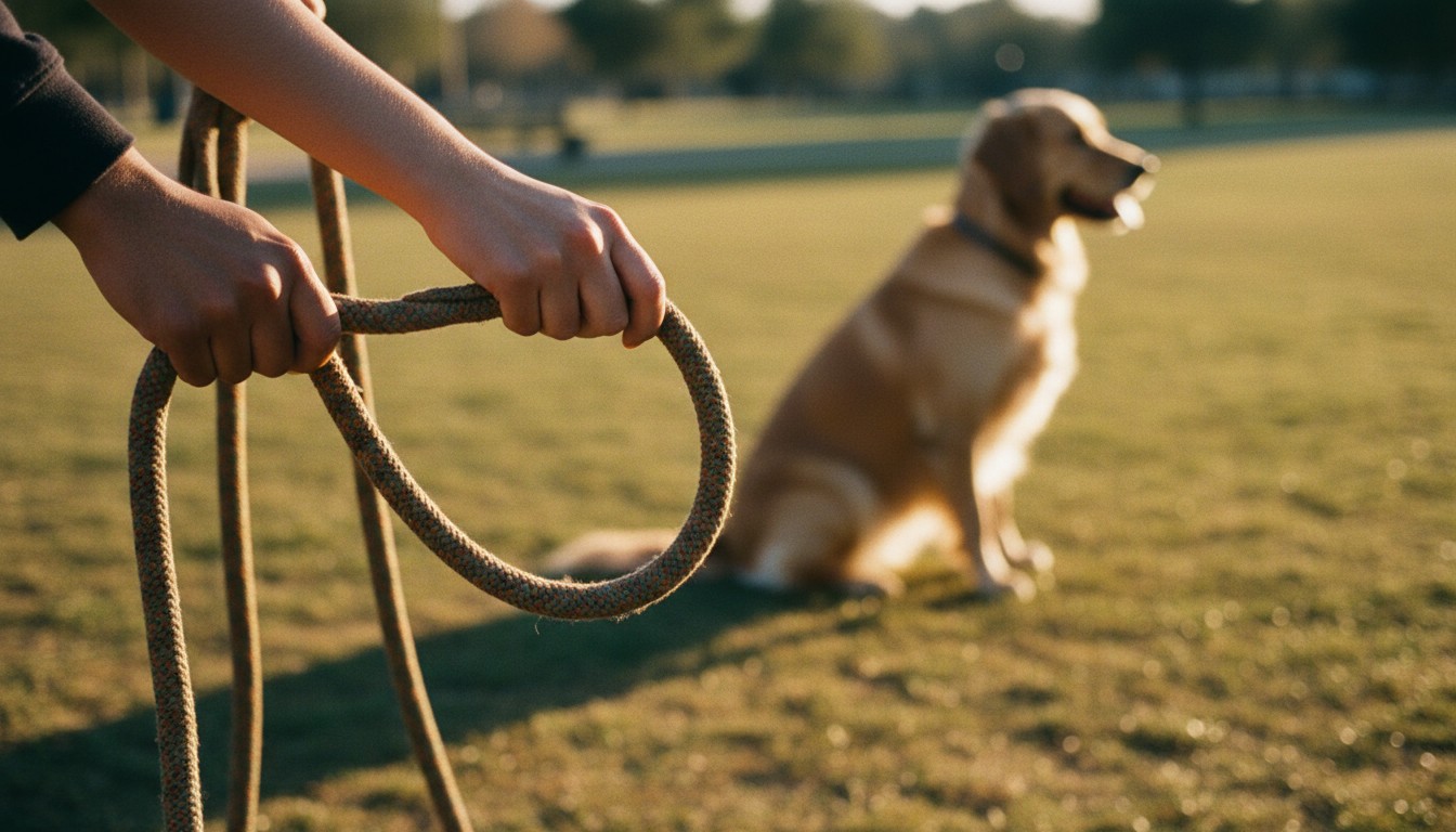 Close-up of hands holding a thick rope dog leash in a park with a golden retriever sitting on the grass in the background during golden hour.