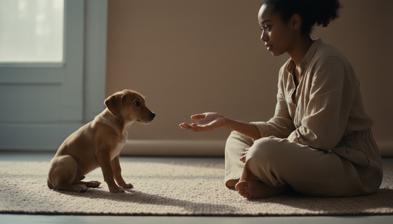 Young woman sitting cross-legged on a rug training a small light-brown puppy at home with soft indoor lighting.