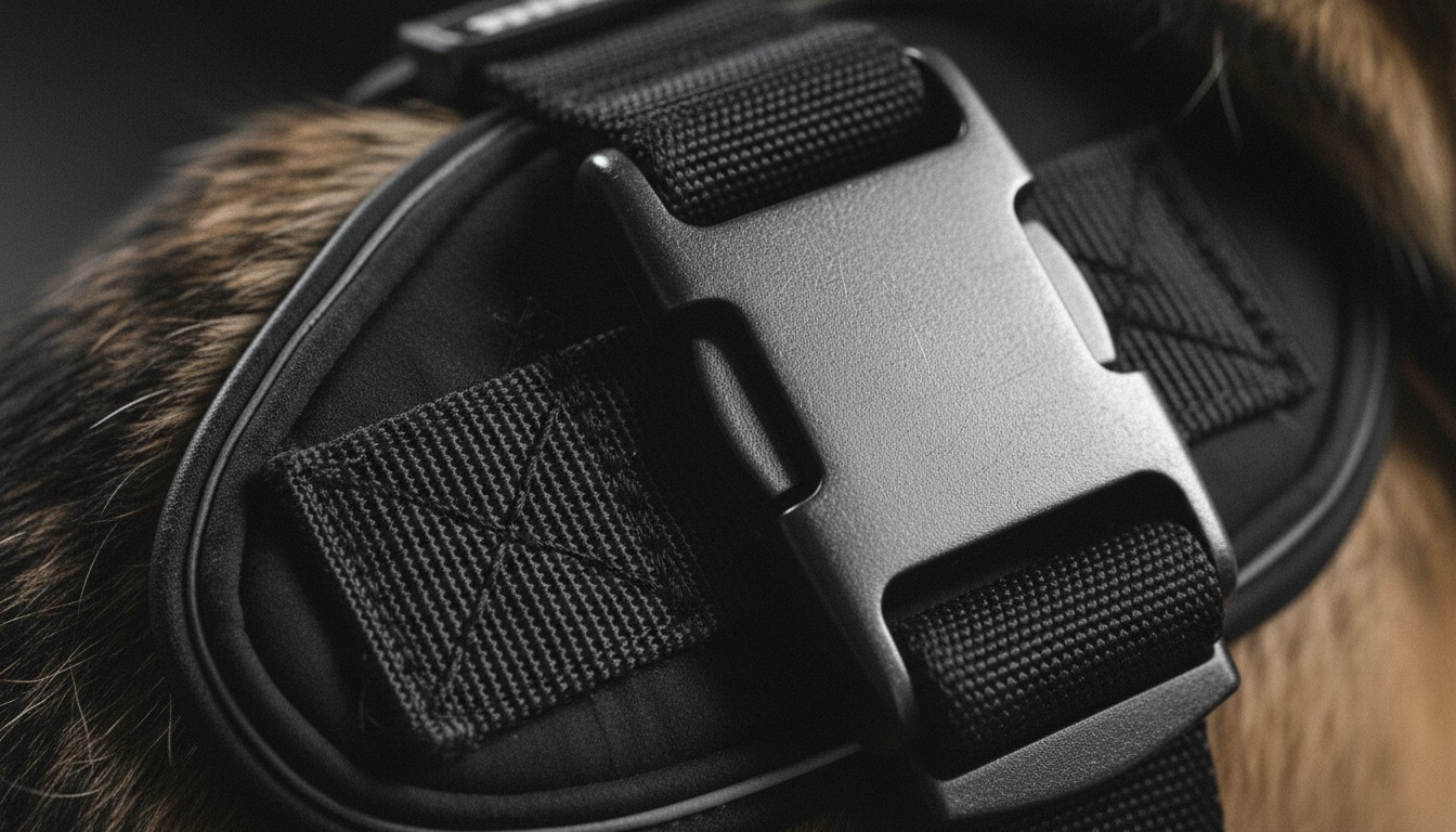 Close-up of a durable black plastic side-release buckle on a dog harness with reinforced nylon webbing and stitching.