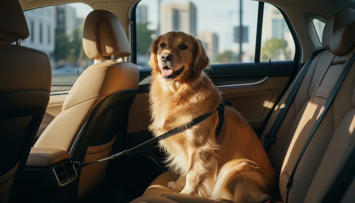 Happy Golden Retriever dog sitting in car backseat wearing a secure pet safety harness and seatbelt attachment for travel safety.