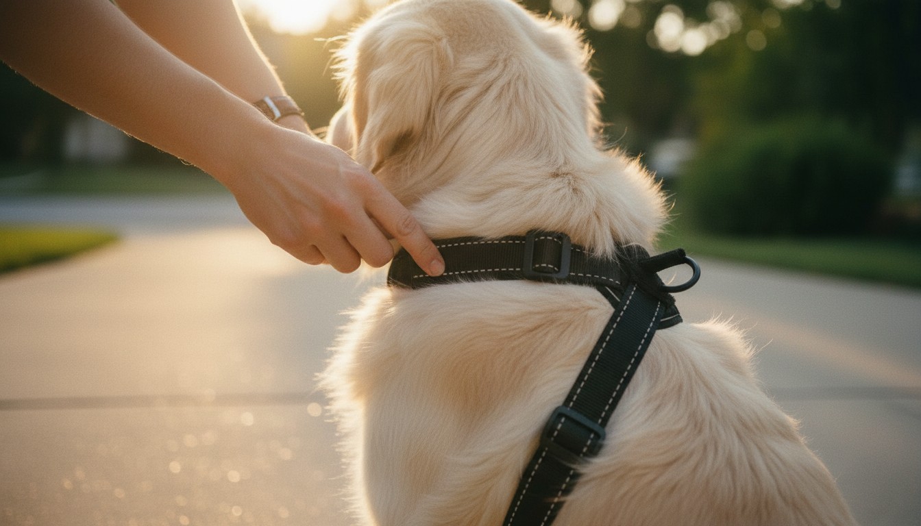 Close-up of a person adjusting a black reflective harness on a golden retriever dog during sunset outdoors.