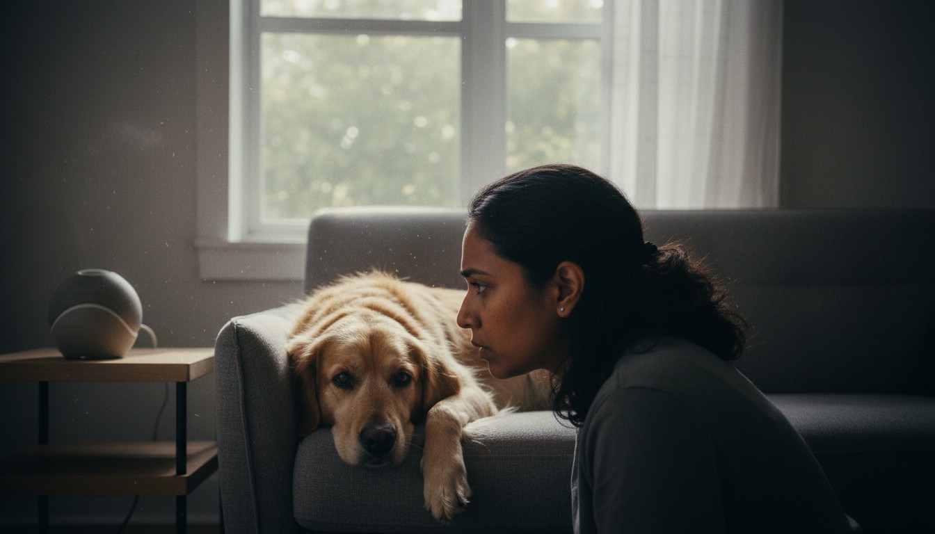A woman looking intently at a golden retriever resting its head on a gray sofa in a softly lit living room.