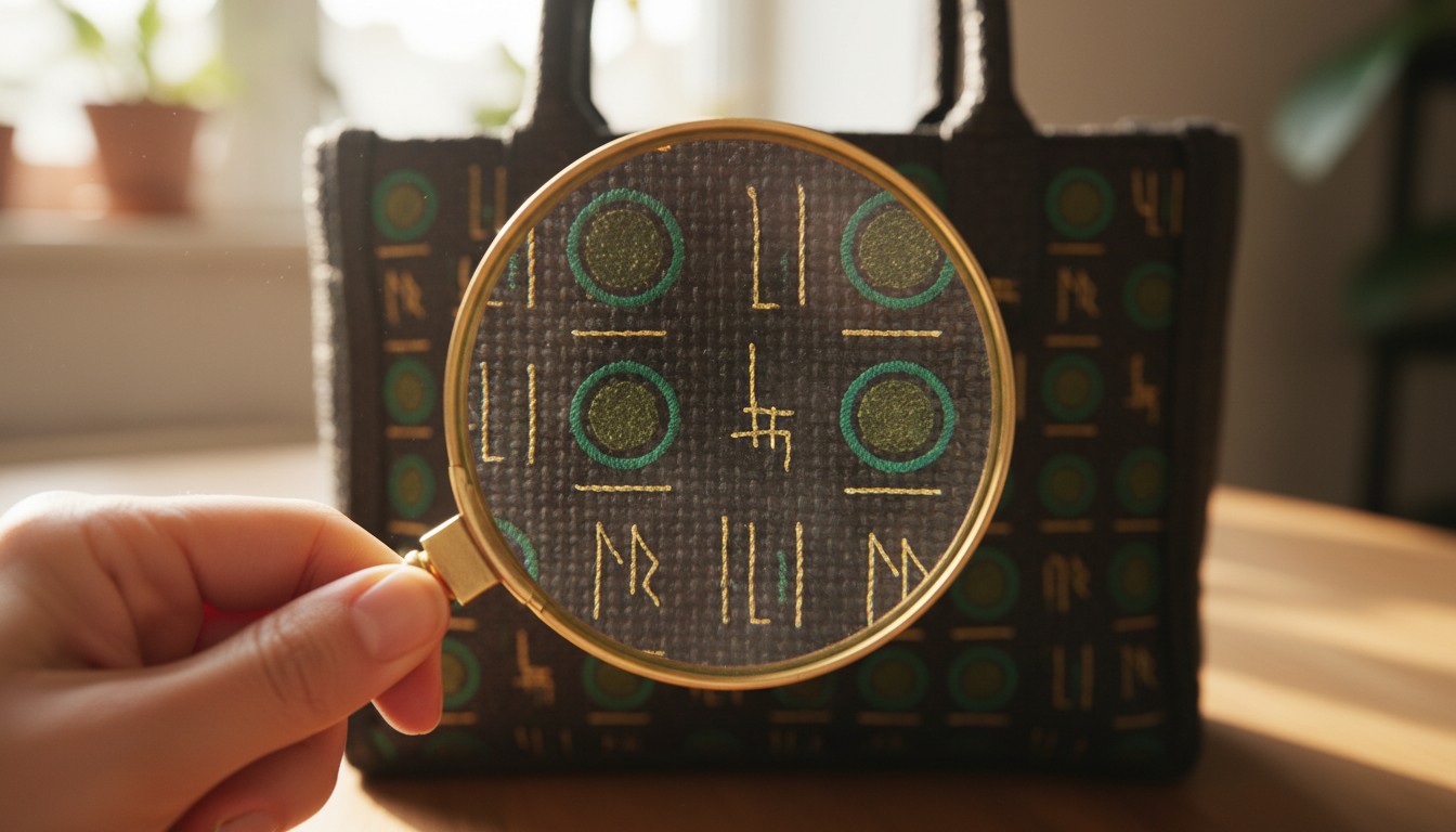 Close-up of a hand holding a magnifying glass over an embroidered black tote bag, highlighting intricate green circular patterns and gold runic symbols.
