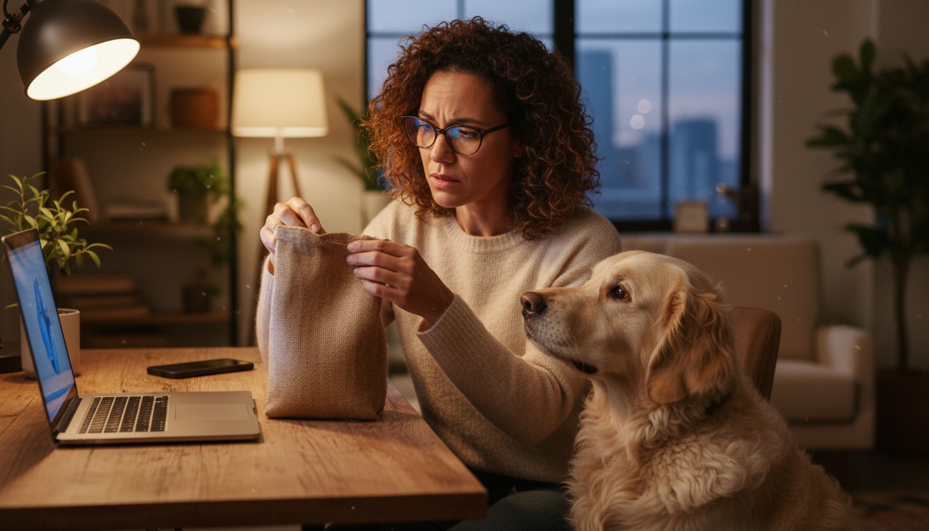 Woman with glasses looking into a small bag at a desk with a laptop while a golden retriever dog sits beside her in a dimly lit room at night.