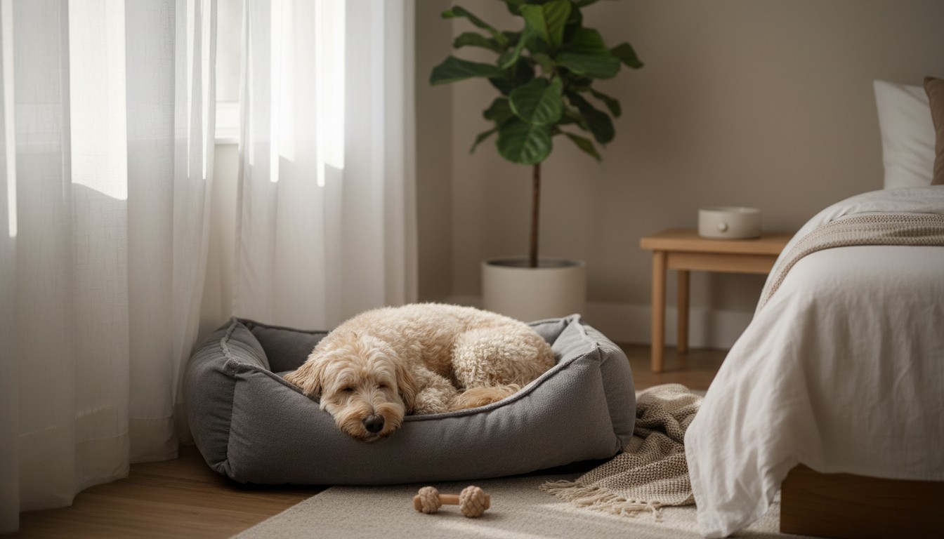 Fluffy dog sleeping comfortably in a plush grey dog bed next to a window in a cozy bedroom setting.