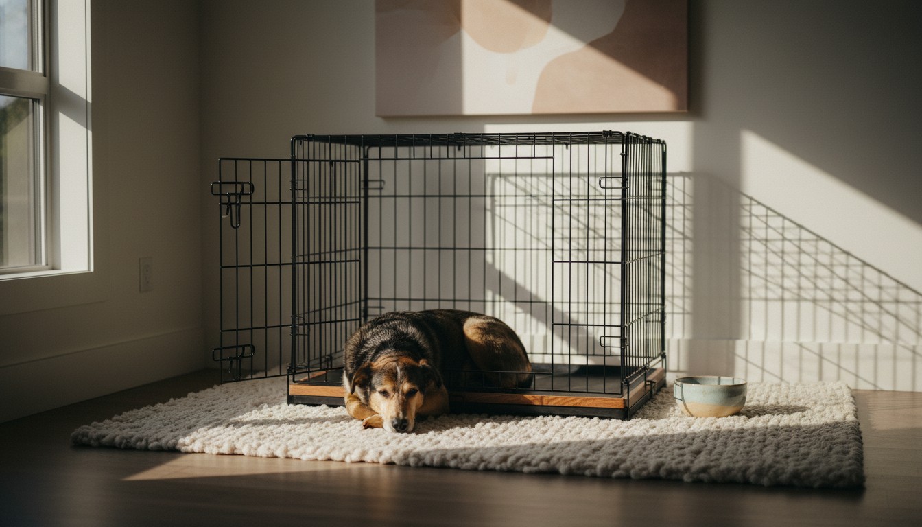 A calm dog resting inside an open black wire dog crate on a plush white rug in a sunlit modern living room.