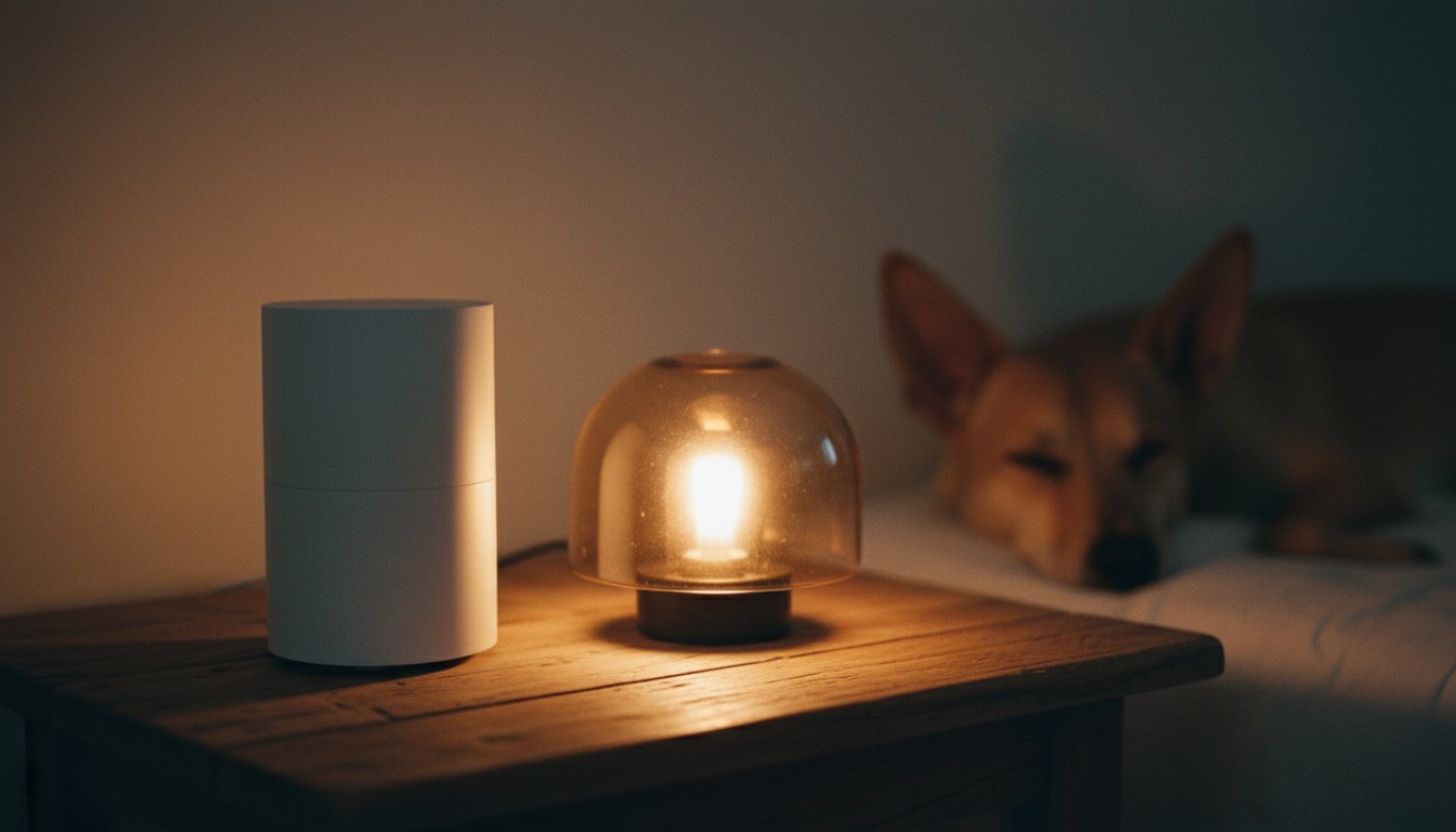 Warmly lit bedroom featuring a white cylindrical air purifier and a decorative glass lamp on a wooden nightstand next to a sleeping dog in the background.