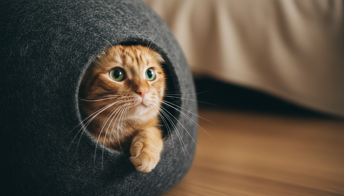 Ginger tabby cat with green eyes peeking out of a dark grey felted cat cave. Natural pet furniture for a cozy home.