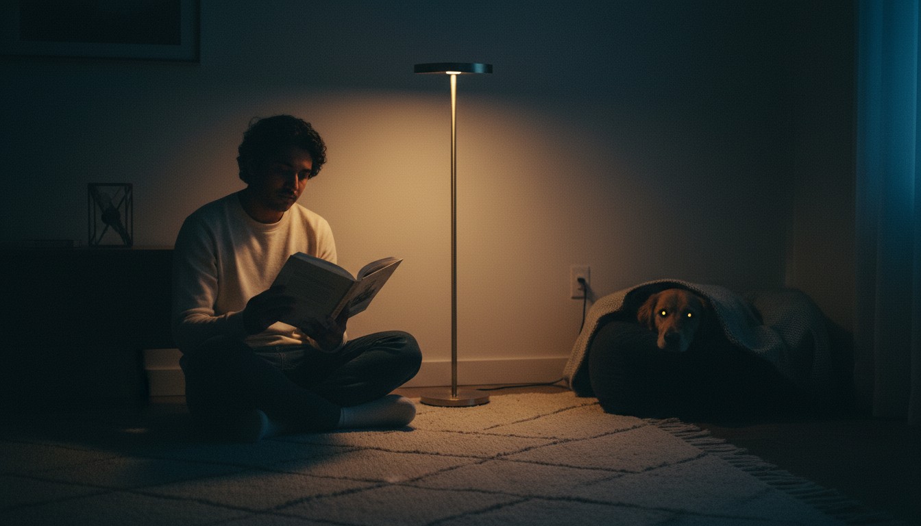 A man sits on a rug reading a book under the warm glow of a floor lamp while a dog rests nearby in a cozy bed under a blanket.