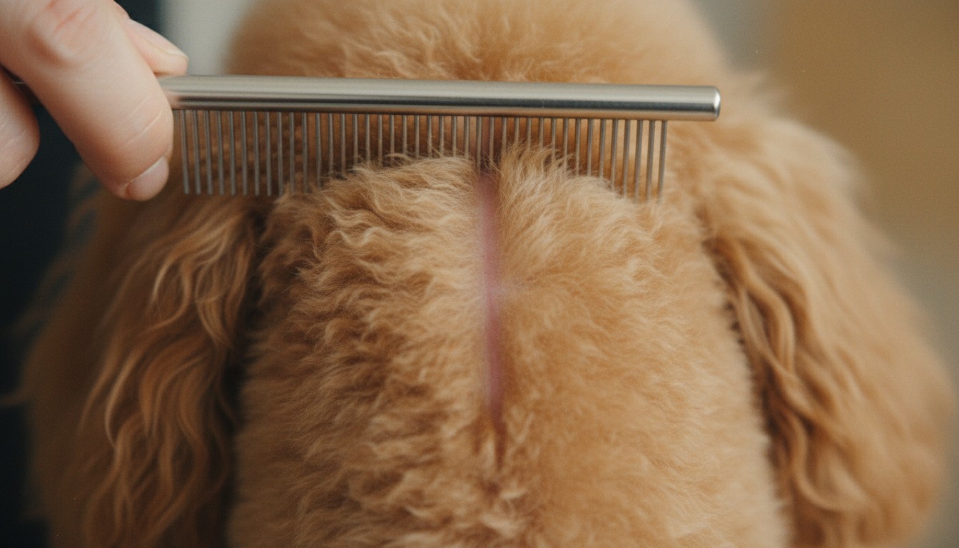 Hand using a metal grooming comb to part thick curly golden dog fur showing the skin underneath during a grooming session.