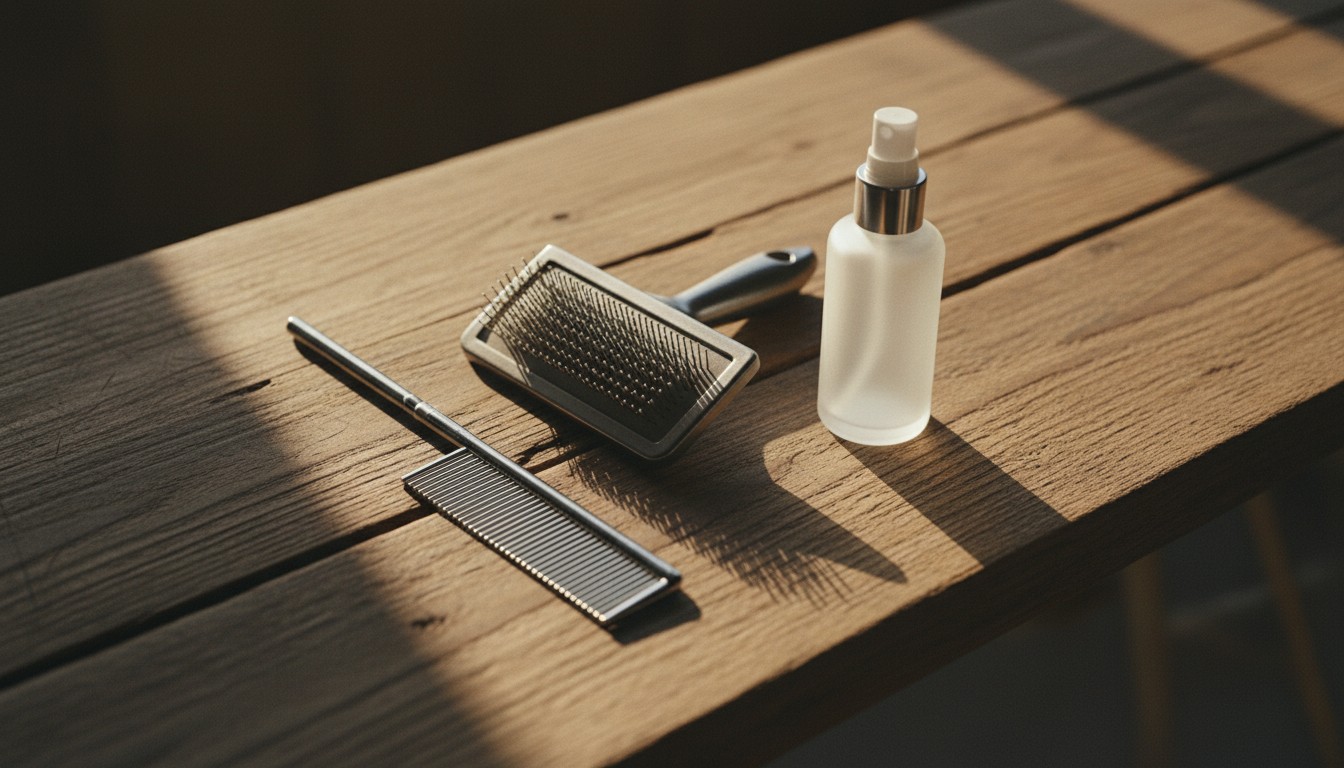 Dog grooming tools including a slicker brush, metal comb, and spray bottle on a rustic wooden surface with sunlight and shadows.