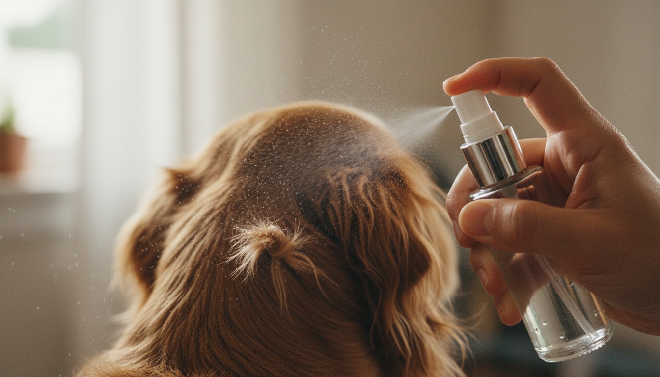 Person spraying a fine mist from a spray bottle onto the golden fur of a dog for grooming or treatment.