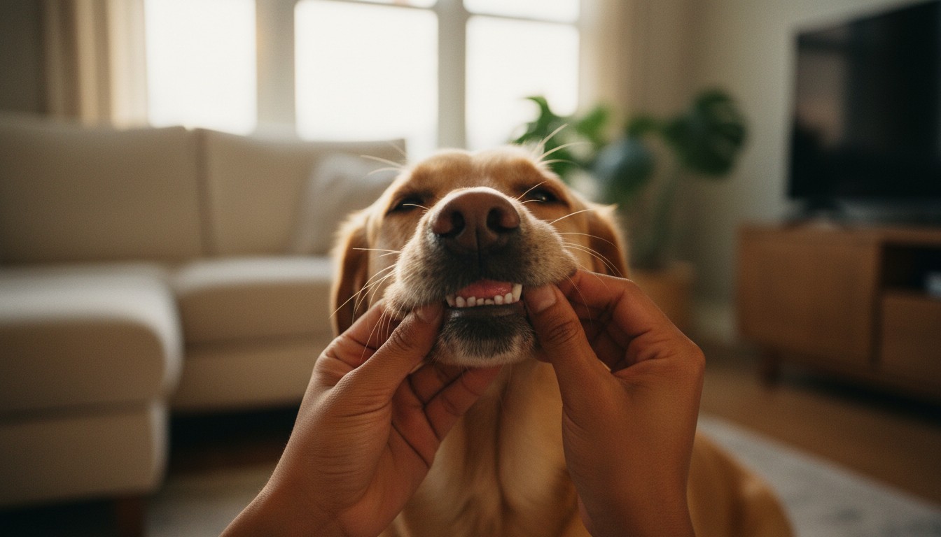 Close-up of a person checking a golden retriever's teeth in a bright living room for pet dental health and oral hygiene.