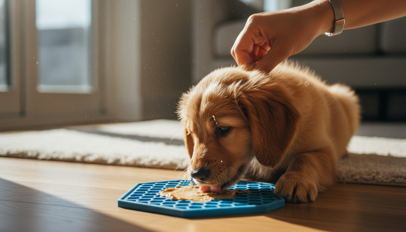 Golden retriever puppy licking peanut butter from a blue silicone lick mat on the floor while being petted.