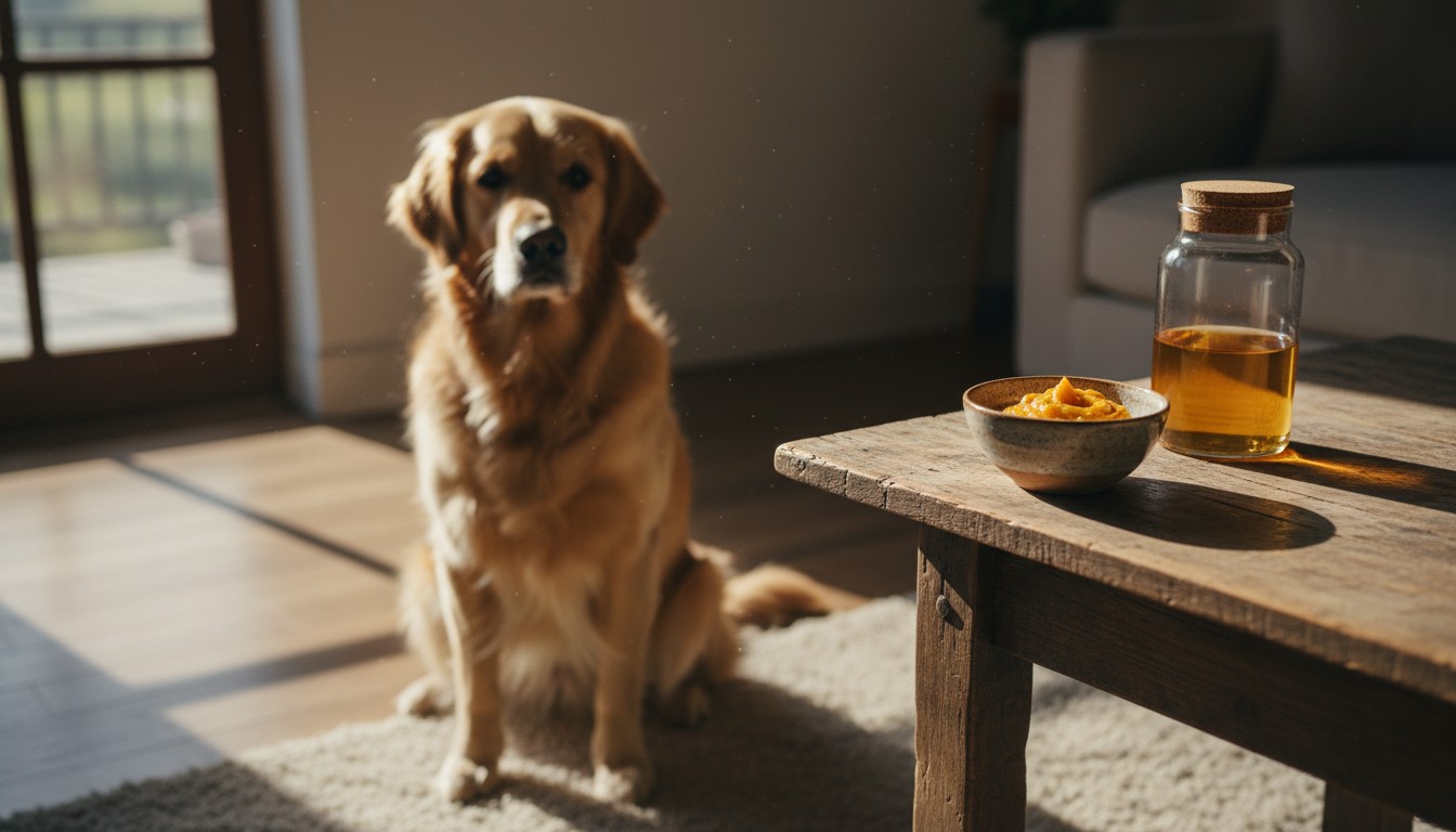Golden Retriever sitting in a sunlit room near a wooden table with a ceramic bowl of pumpkin puree and a bottle of supplement liquid for dog health.
