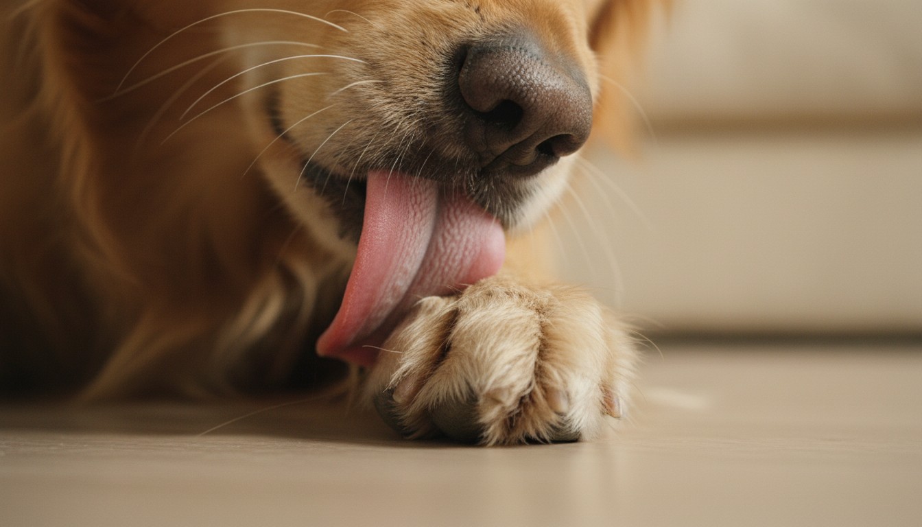 Close-up of a golden retriever dog lying down and licking its front paw on a light-colored floor.