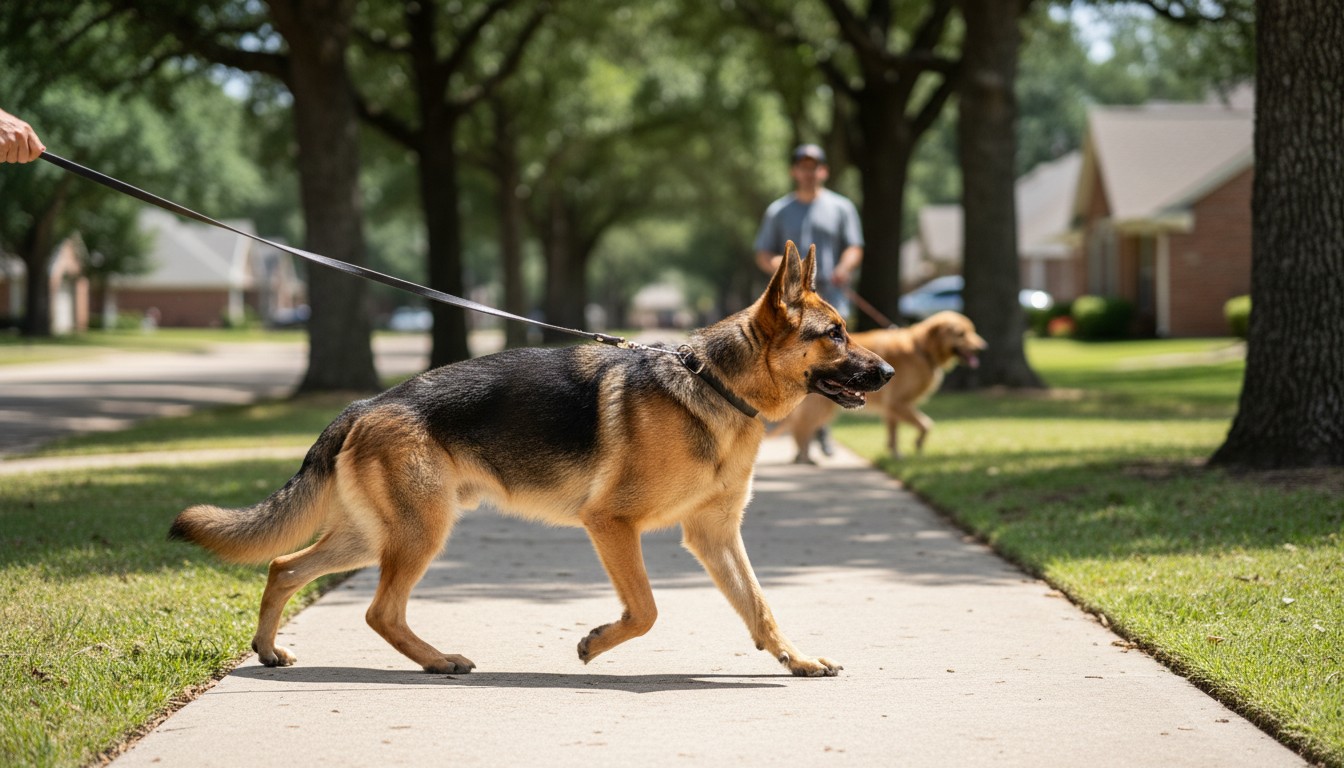 German Shepherd on a leash walking on a suburban sidewalk during a sunny day with another dog in the background.