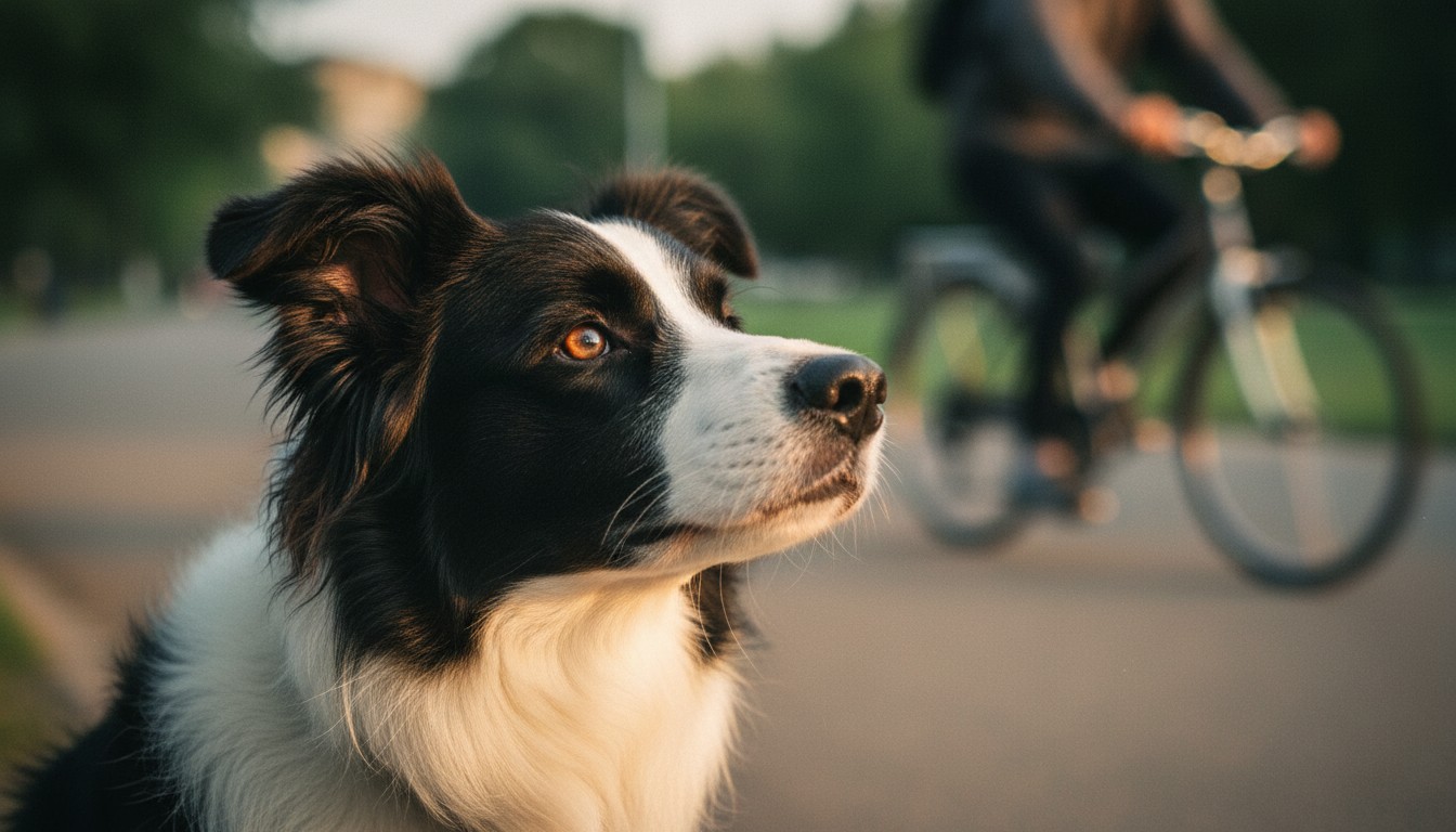 Close-up of a black and white Border Collie dog looking focused in a park during sunset with a cyclist blurred in the background.