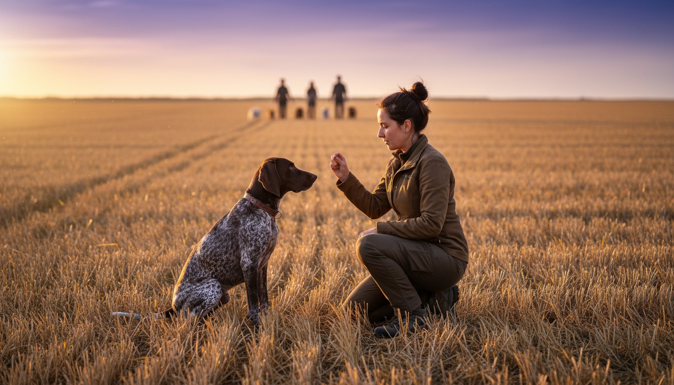Woman kneeling in a harvested field training a German Shorthaired Pointer dog during a beautiful sunset with other trainers in the background.
