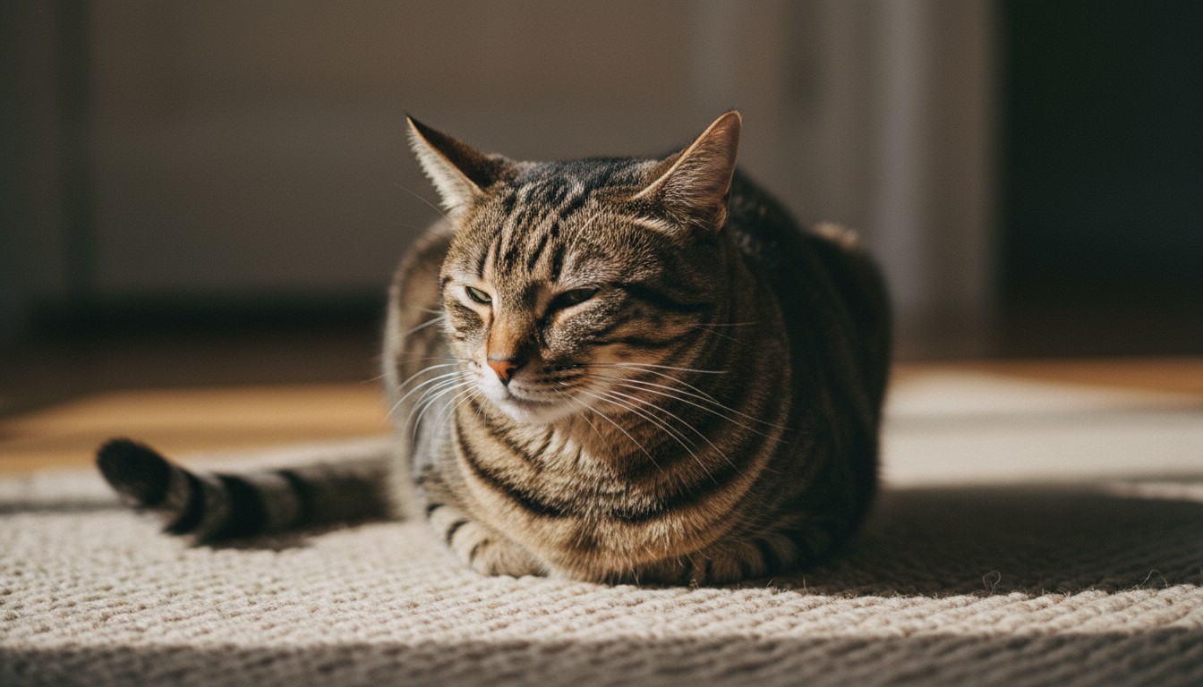 Brown tabby cat resting on a beige rug in warm sunlight.